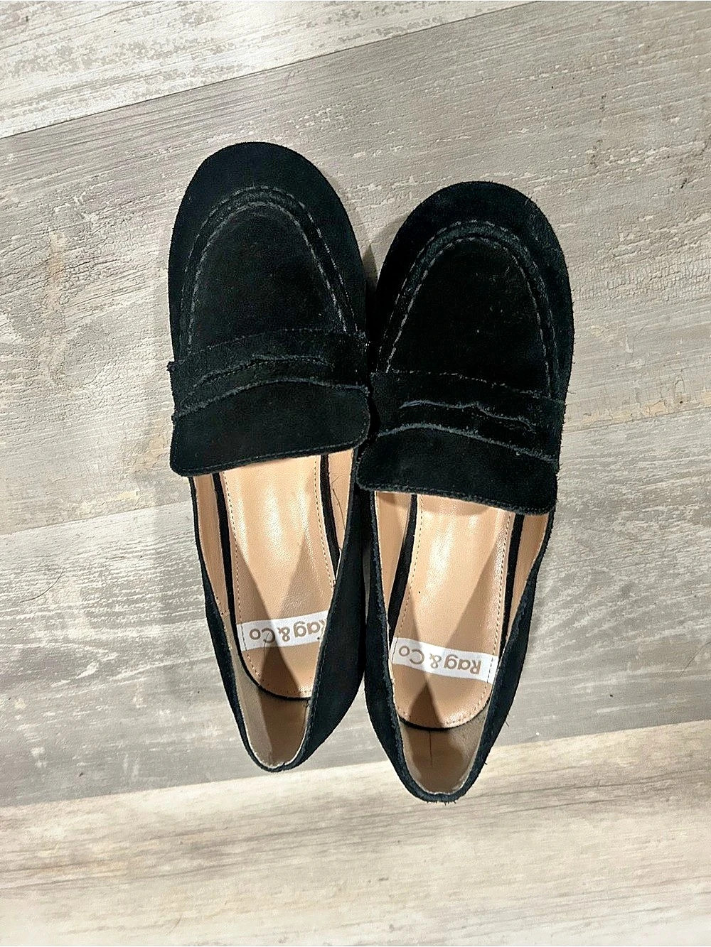 Rag & Co Astra Block Heel Genuine Suede Loafers Black US 7 UK 5 EU 38